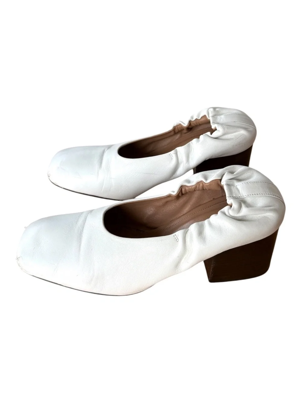 Marni White Leather Ruched Square-Toe Block Heel Pumps Glove Ballerina - Size 37